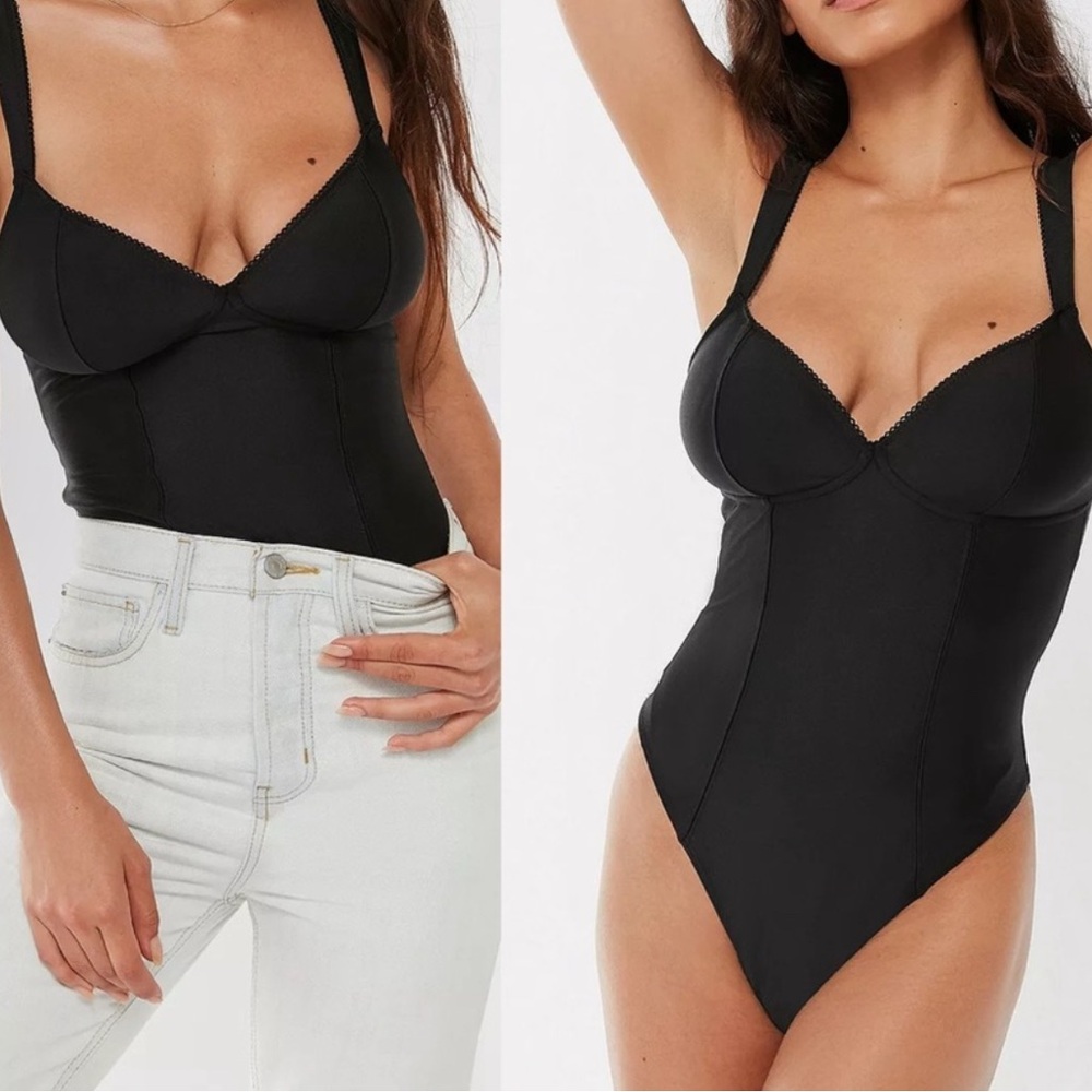 UO Out From Under Valentina Satin Bodysuit Black Thong